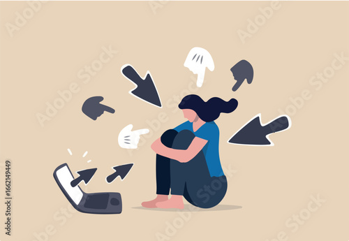 Cyber bullying, internet abuse or online troll, social media problem with hater comments concept, depressed teenager girl sitting alone with computer laptop and mouse hand cursors pointing on her