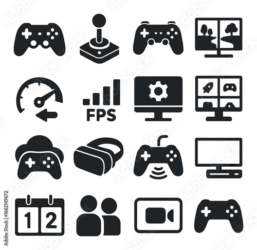 Gaming icons collection featuring controllers and virtual reality symbols