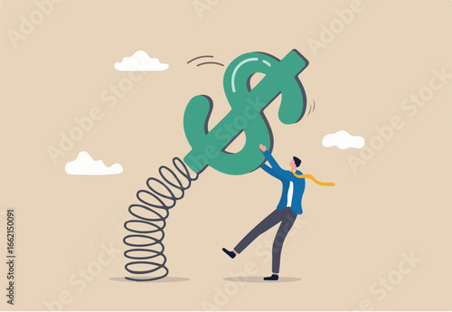 Surprise money or reward, bonus or salary raise, investment profit, dividend or high return stock, lucky giveaway or winning prize concept, happy businessman jumping high opening surprise money box. 