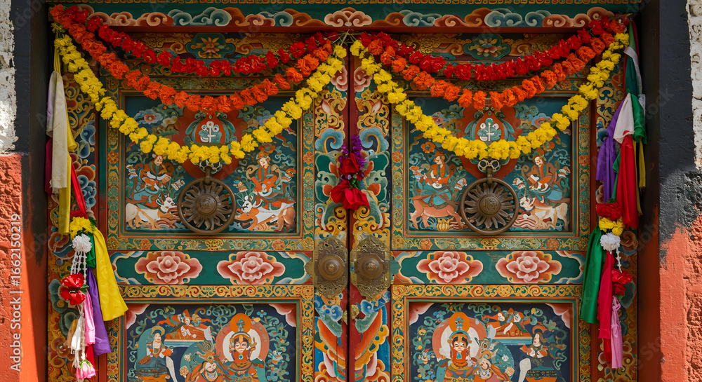 Obraz premium The intricate details of a traditional Tibetan architectural element, such as a carved wooden window or a painted door, adorned for the celebrations