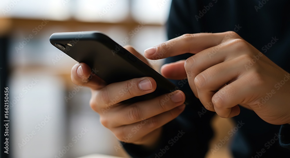 closeup of a persons hands holding and interacting with a black smartphone closeup of a persons hands holding and interacting with a black smartphone