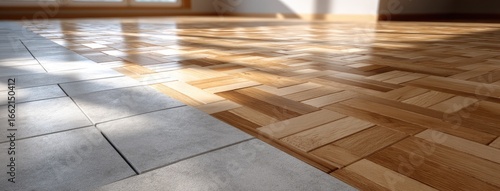 Elegant transition between wooden parquet and tiled flooring in a bright, spacious interior during the daytime