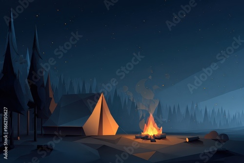 Wallpaper Mural Night camping scene bonfire, tent, forest, stars.  Relaxing outdoor adventure illustration Torontodigital.ca