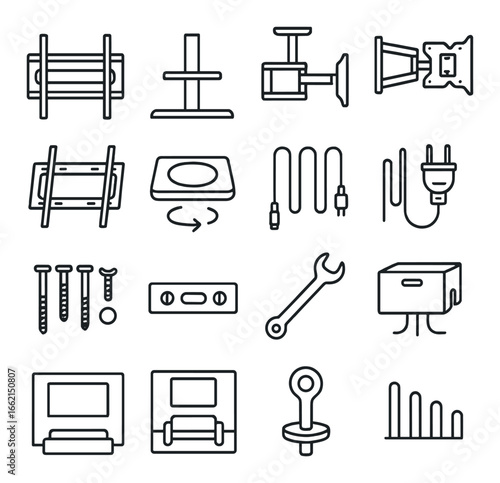 Icon set of home tools and equipment for furniture assembly and installation