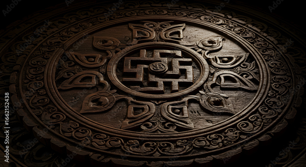 Obraz premium The intricate details of a traditional Tibetan wooden carving, adorned with auspicious symbols