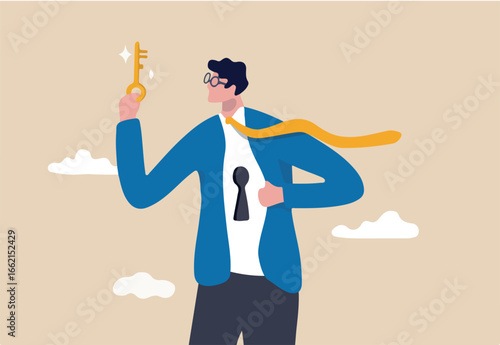 Unlock true potential, your ideal self to success in career or business, secret mind or skill to solve problem concept, confidence businessman holding golden key about to unlock keyhole on his shirt.
