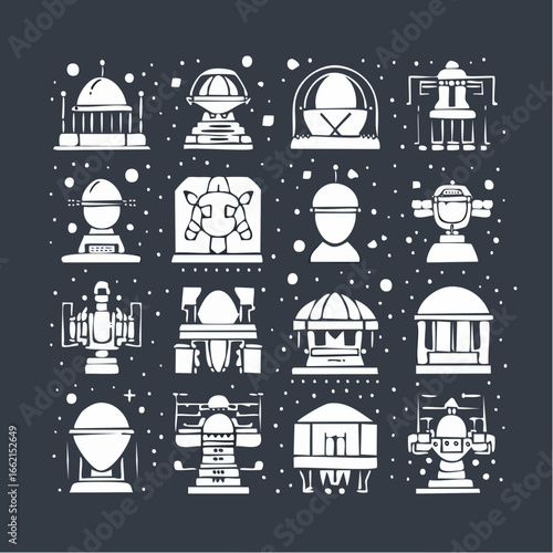 Set of futuristic icons depicting space exploration and astronomical observatories on a dark background.