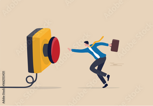 Push button call for emergency help, control or launch rocket, start new business or launch start up company concept, cautious businessman running in hurry to push red emergency button.