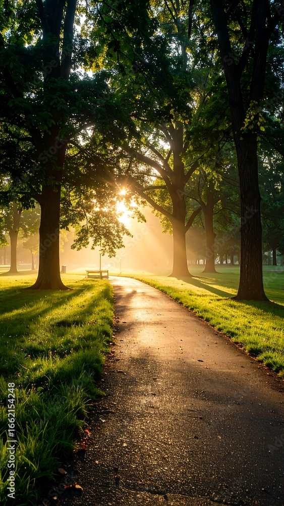 Obraz premium Sunrise path through trees