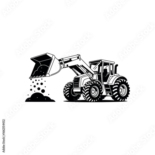 Black and white illustration of a front loader tractor dumping dirt construction vehicle