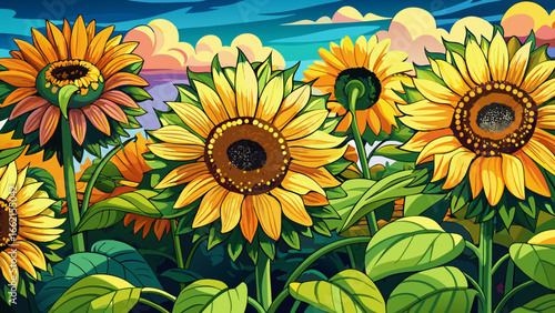 In Ottawa Ontario Canada, close up sunflowers flourish, golden crowns gleaming, natural artistry radiating, sunlight enhancing details, textured patterns unfolding, graceful beauty blooming, summer wa