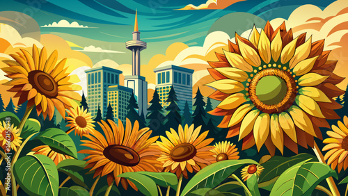 In Ottawa Ontario Canada, close up sunflowers flourish, golden crowns gleaming, natural artistry radiating, sunlight enhancing details, textured patterns unfolding, graceful beauty blooming, summer wa