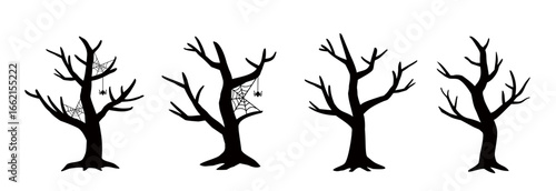 Set of Halloween dead tree hand drawing.
dead tree and spider black silhouette vector art, Icons, and graphics.
White background.
