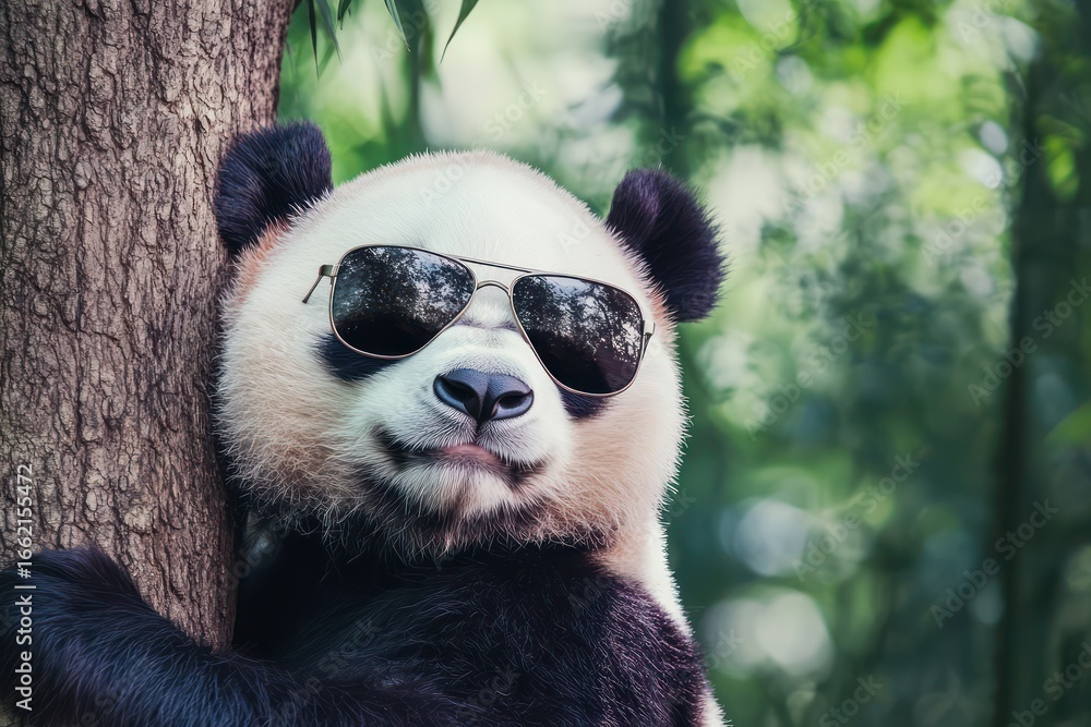 Fototapeta premium Panda Wearing Sunglasses in Bamboo Forest