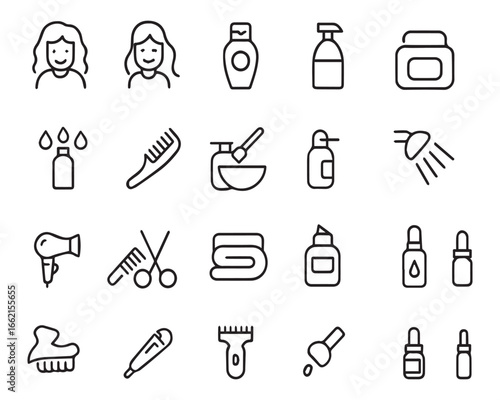 Set of outline icons related to hair care. Linear icon collection