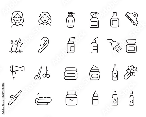 Set of outline icons related to hair care. Linear icon collection