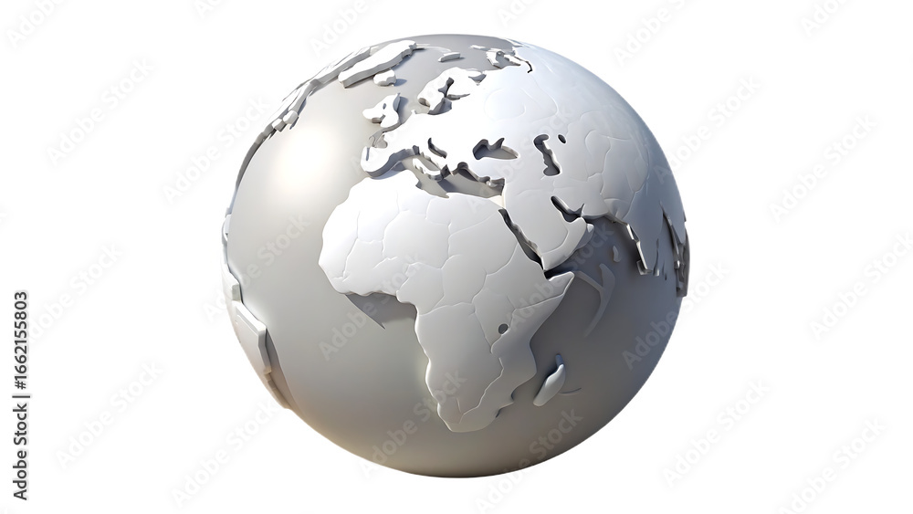 Fototapeta premium Silver globe isolated on transparent background, showcasing continents like africa, europe, and asia, ideal for illustrating global themes and geographical concepts in a clean style