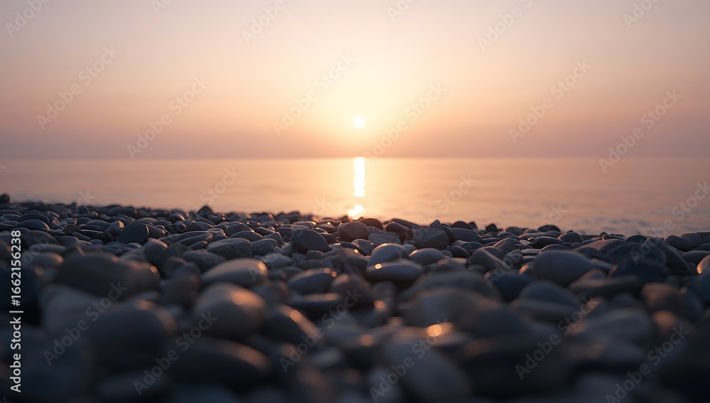 Obraz premium Pebble beach at sunset with a beautiful orange sky reflecting on the water