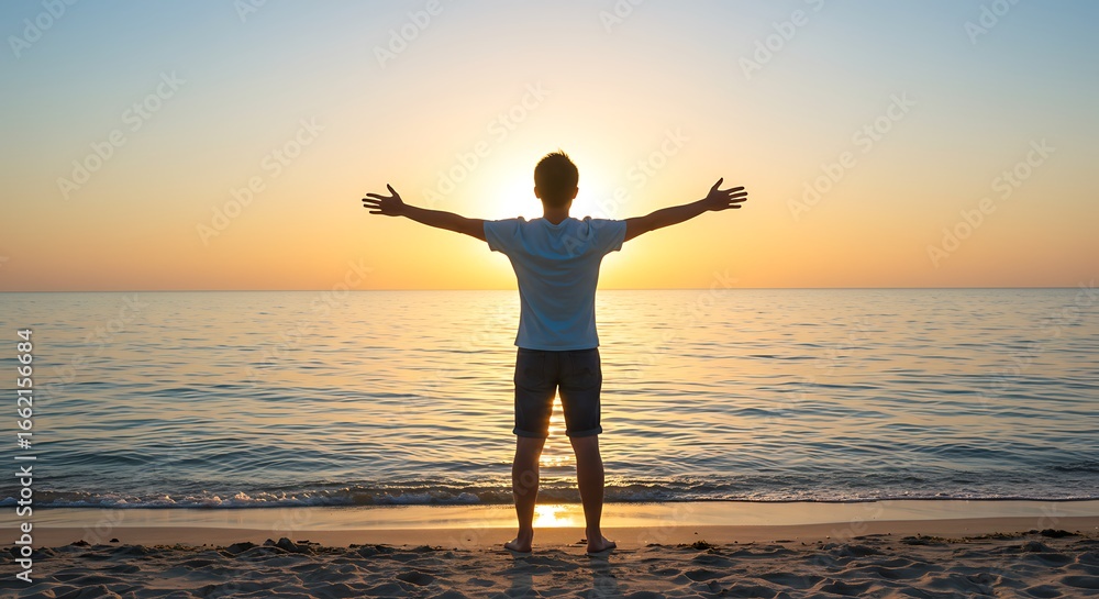 Fototapeta premium Young man arms outstretched by the sea at sunrise enjoying freedom and life, people travel wellbeing concept