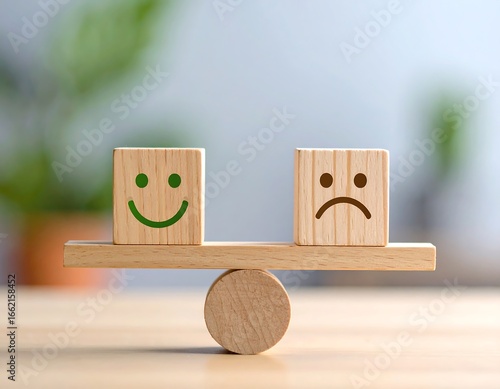 Wooden blocks with happy and sad faces on a seesaw