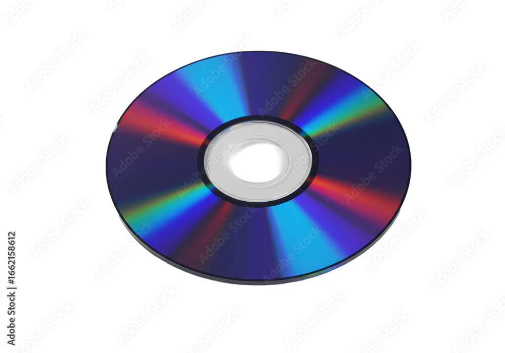 Highly stylized abstract disc with sleek metallic edges and vivid iridescent electric blue, deep purple, fiery red, yellow reflections on a transparent studio background. Concept of data integrity Highly stylized abstract disc with sleek metallic edges and vivid iridescent electric blue, deep purple, fiery red, yellow reflections on a transparent studio background. Concept of data integrity