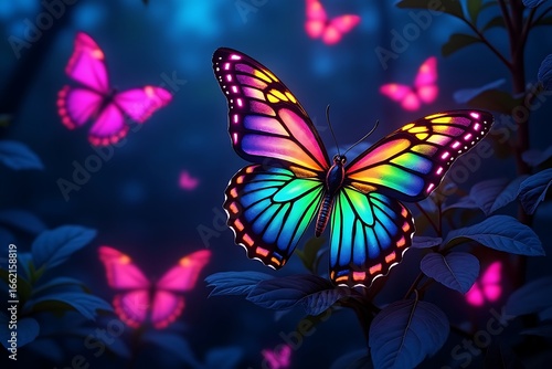  a magical butterfly with iridescent wings flutters among glowing plants in a mystical night garden