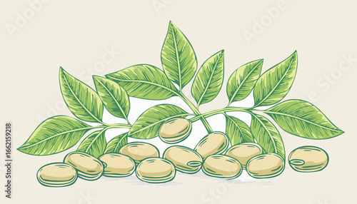 Soybean pods with leaves illustration soybeans