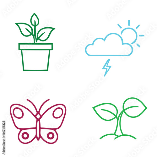 Plant, weather, and butterfly icons isolated on white background