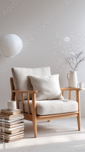 Cozy corner with a wooden chair and decorative elements in a minimalist setting
