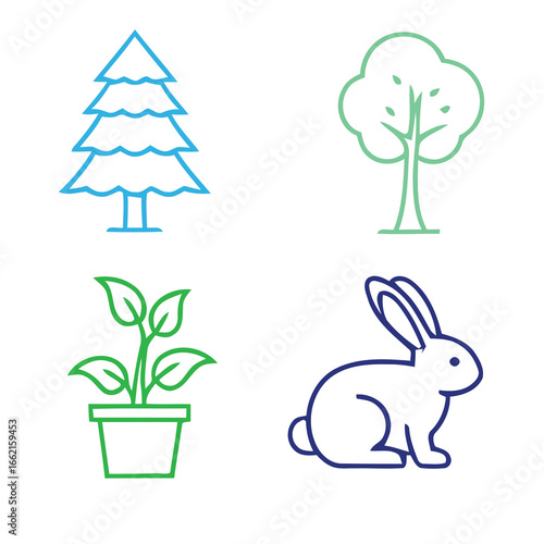 Tree, plant, and rabbit isolated on white background