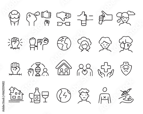 Set of outline icons related to hygiene. Linear icon collection
