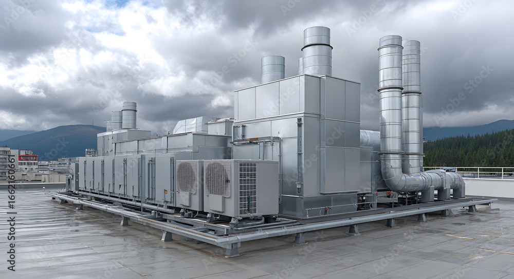 Obraz premium Industrial rooftop HVAC and ventilation systems on a wet commercial building, signaling the need for repair roof and ongoing maintenance.
