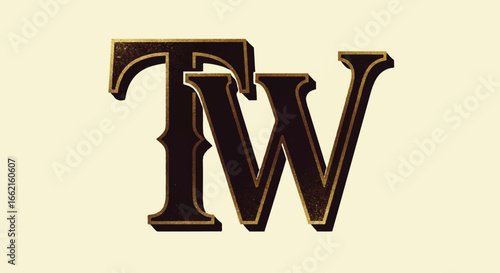 Vintage TW monogram in a textured Western serif font with a gold outline and 3D shadow effect.