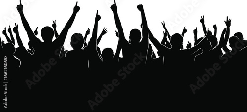 Energetic crowd silhouettes with hands raised in celebration