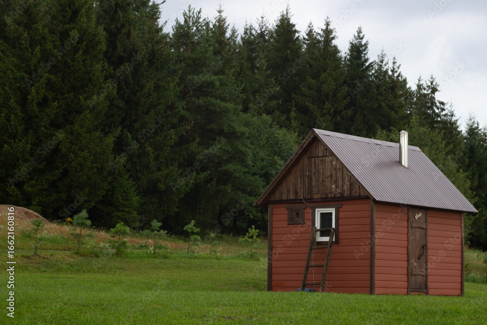 Fototapeta premium Cozy autumn landscape with a tiny red building, outdoor bright leaves in the forest