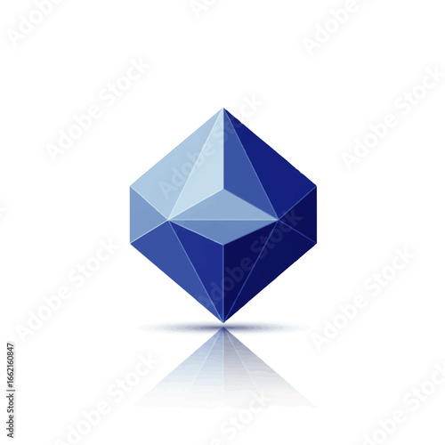 A modern blue faceted geometric crystal polyhedron with sharp triangular planes balanced on its vertex.