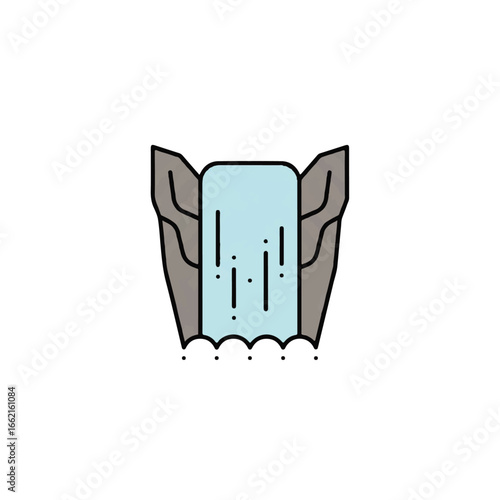 A stylized waterfall with a light blue cascade flowing between two grey rocky cliffs.