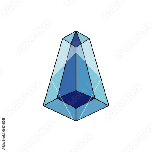Blue faceted geometric crystal illustration with a pointed top and transparent layers.