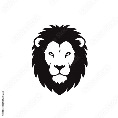 Bold black and white graphic of a majestic lion head with a powerful symmetrical gaze and a full spiky mane.
