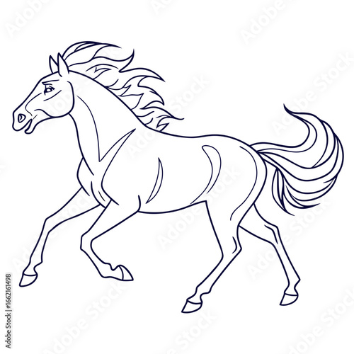 Stylized line art illustration of a powerful horse galloping with its mane and tail flowing freely