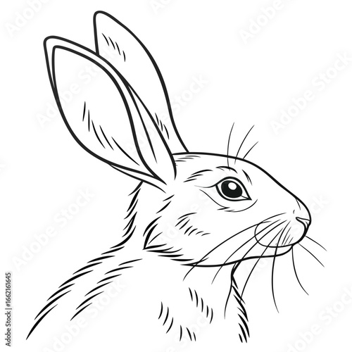 Detailed black and white line drawing of a rabbit s head in profile with large ears and whiskers