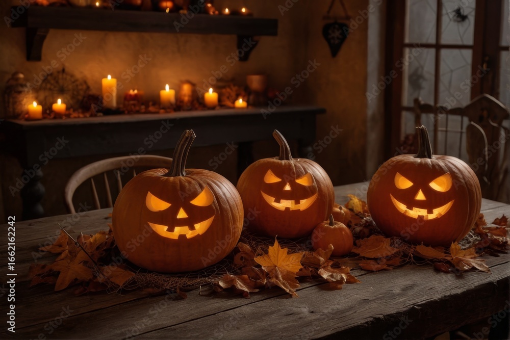 Obraz premium Horror Kürbisse mit Kerzenlicht für Halloween
