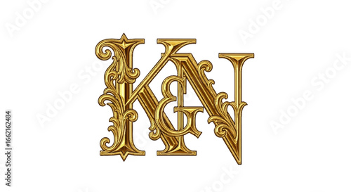Elegant golden monogram with intertwined K E and N letters featuring ornate baroque flourishes and a shiny embossed texture.