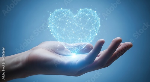 Hand Holding Digital Heart Connection, Technology, Love & Future | Abstract Network, Futuristic Health Symbolism, Innovation & Romance