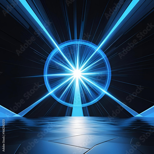 Glowing portal with radiating blue light beams and a reflective floor in a dark futuristic space