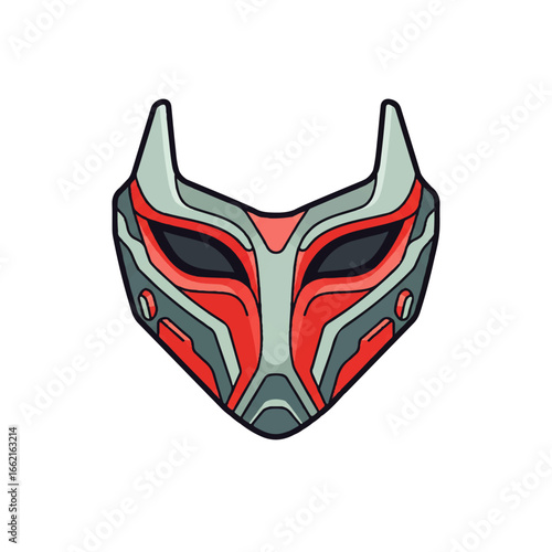 Futuristic robotic fox mask with pointed ears and red and grey geometric panels.