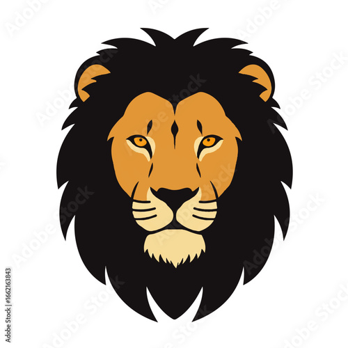 Majestic male lion head illustration with a thick black mane and intense golden eyes.