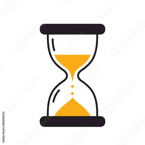 Minimalist hourglass icon with a black frame and flowing yellow sand depicted in a flat modern style.