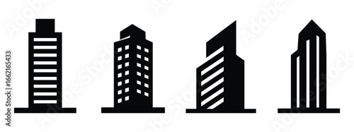 High rise skyscraper silhouette set with modern office tower design, business building icons, and corporate real estate symbols.