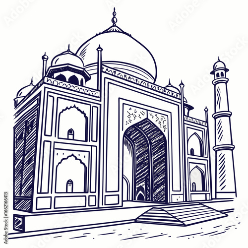 Iconic taj mahal mausoleum in agra india depicted in a simple elegant dark blue line drawing sketch
